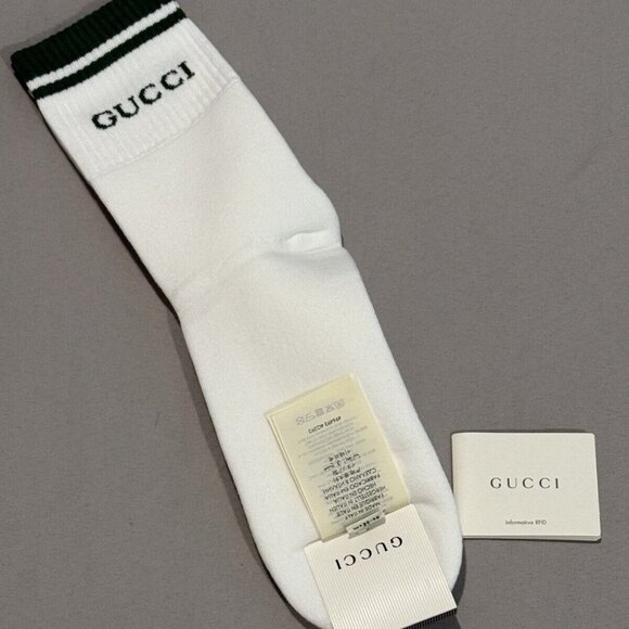 Gucci Logo Socks White/Green Style 496493 4G293 9066 - Picture 2 of 6